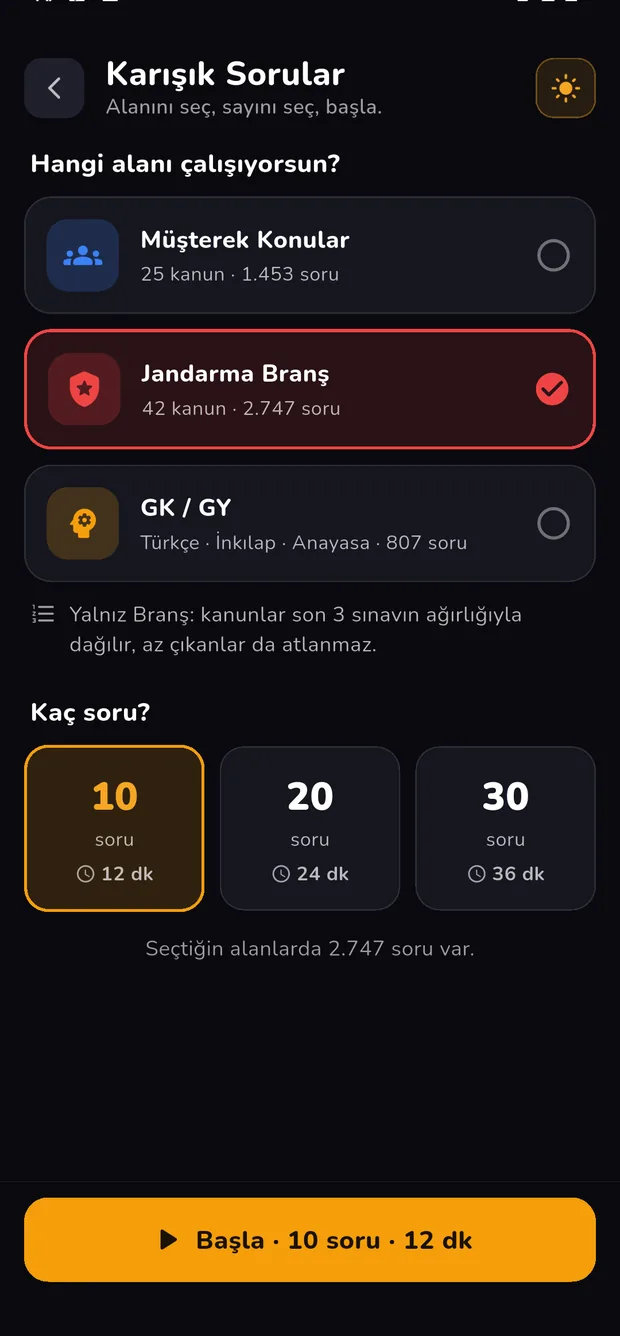 Karışık Sorular ekranı