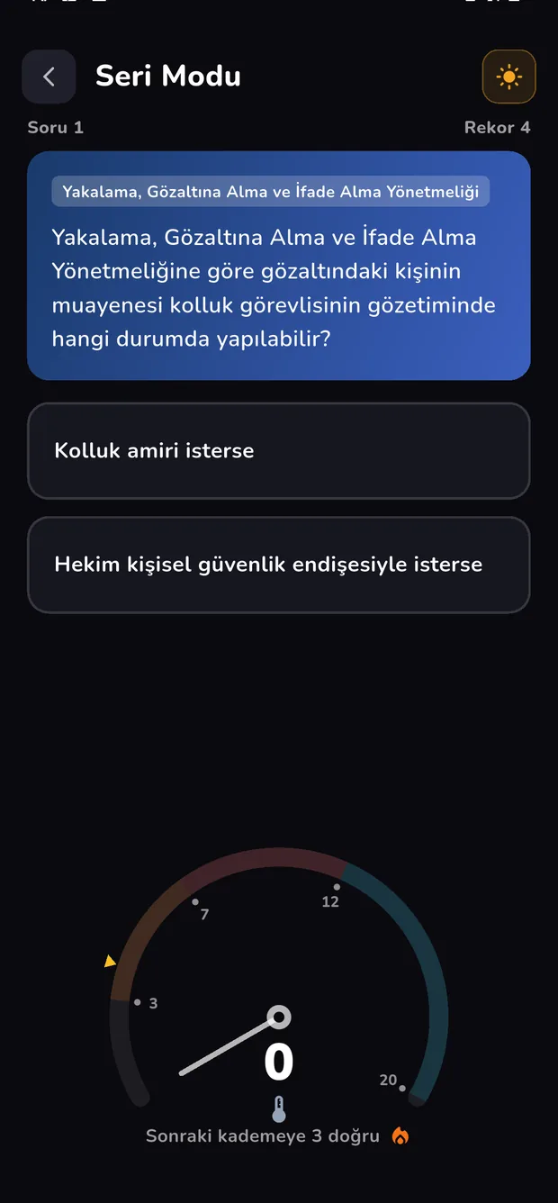 Seri Modu ekranı: soru, iki seçenek ve seri göstergesi