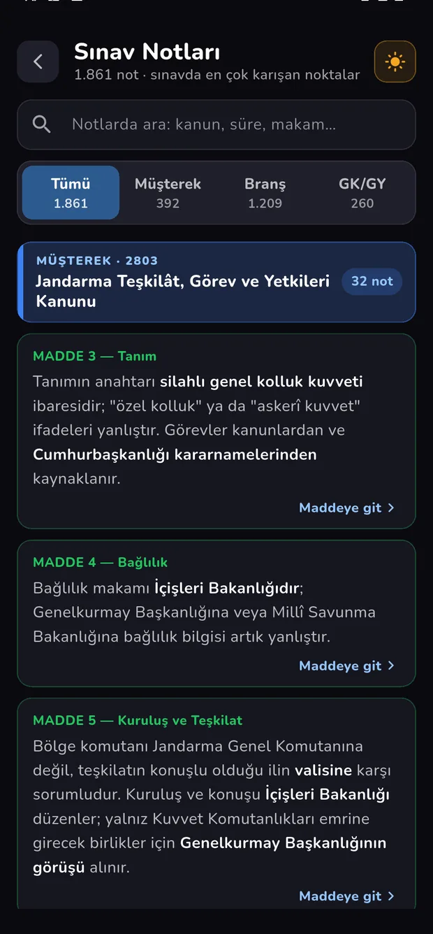 Sınav Notları ekranı: arama ve sekmeler