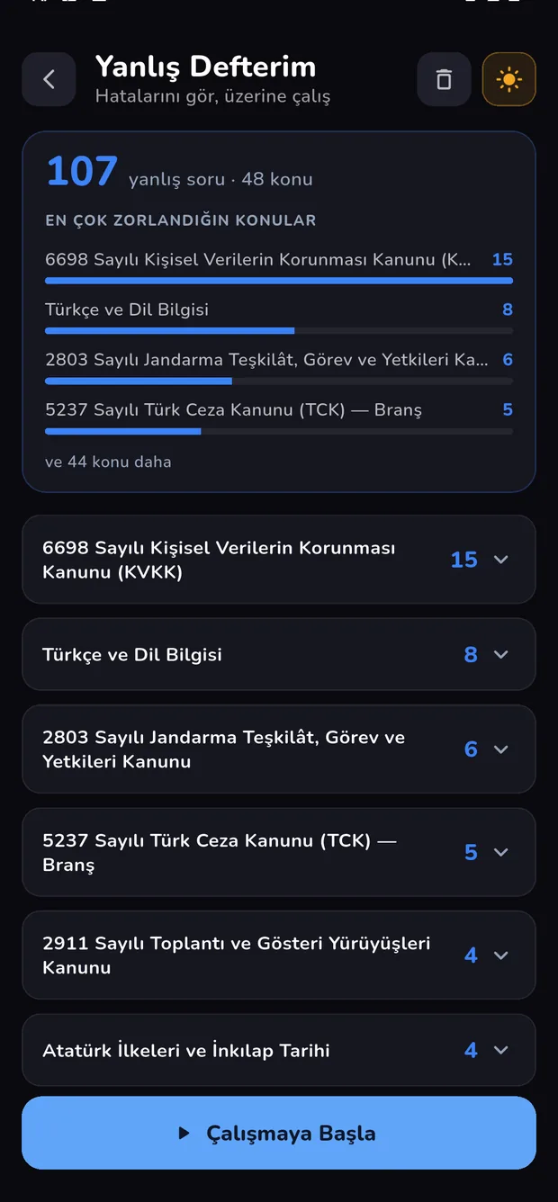 Yanlış Defterim ekranı